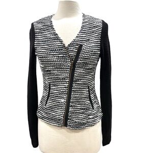NWT DREW Boucle Knit Color Block Moto Style Jacket Black Grey White SZ S